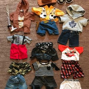 Camo Build-a-Bear lot with boy clothes and costumes